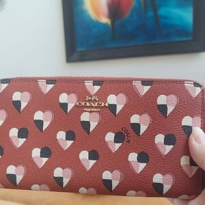Coach Red and Pink Heart Print Women's Zip around  Wallet